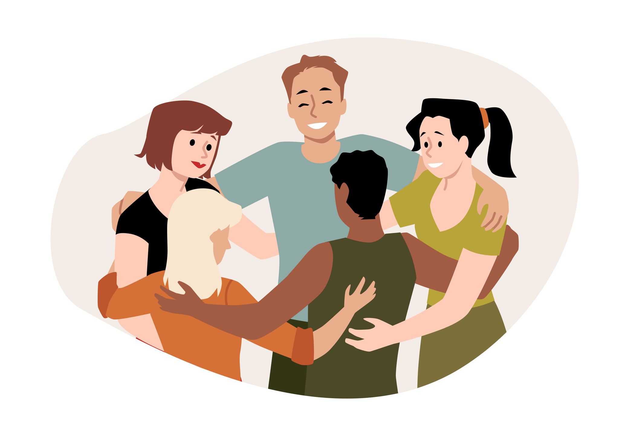 A circle of diverse men and women in a group hug