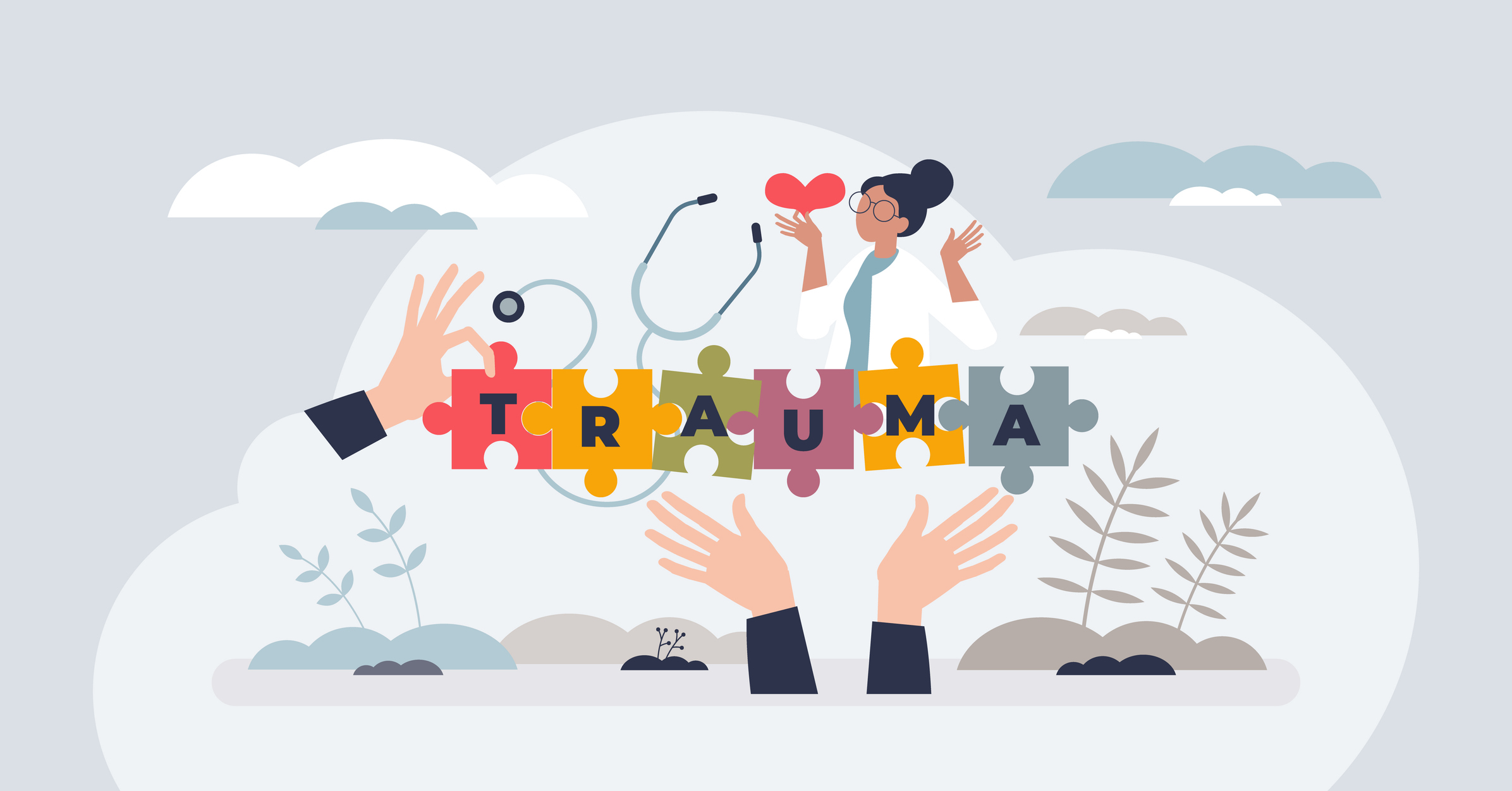Trauma informed care with understanding about patient body health condition tiny person concept